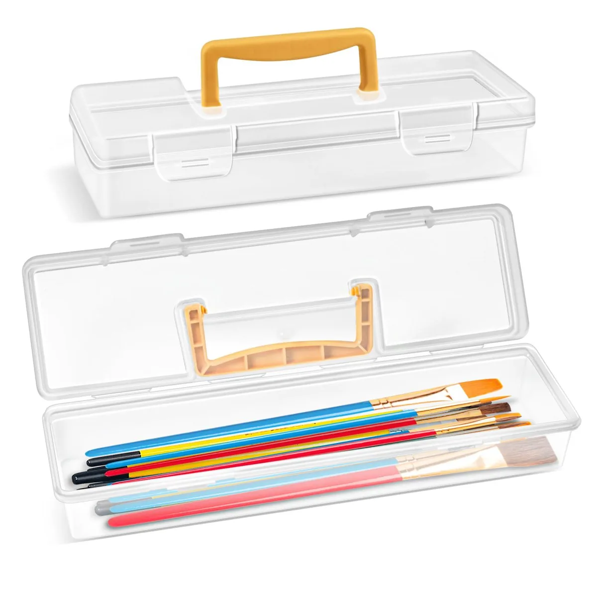 Two transparent plastic brush cases with foldable handles, each 13 by 3.5 by 2.25 inches