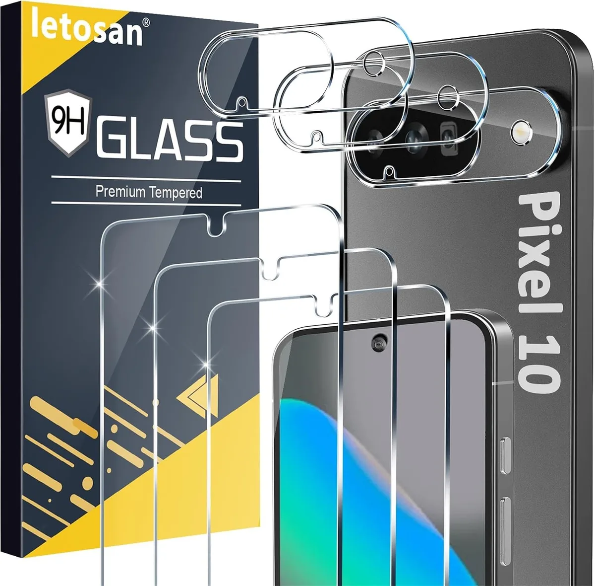 Three clear tempered-glass screen protectors and three matching lens protectors for Pixel 10 6.3 inch