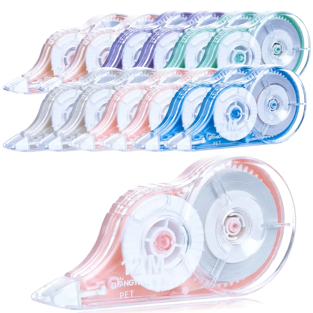 Twelve white correction-tape dispensers in assorted colours, PET tape, 5 mm wide