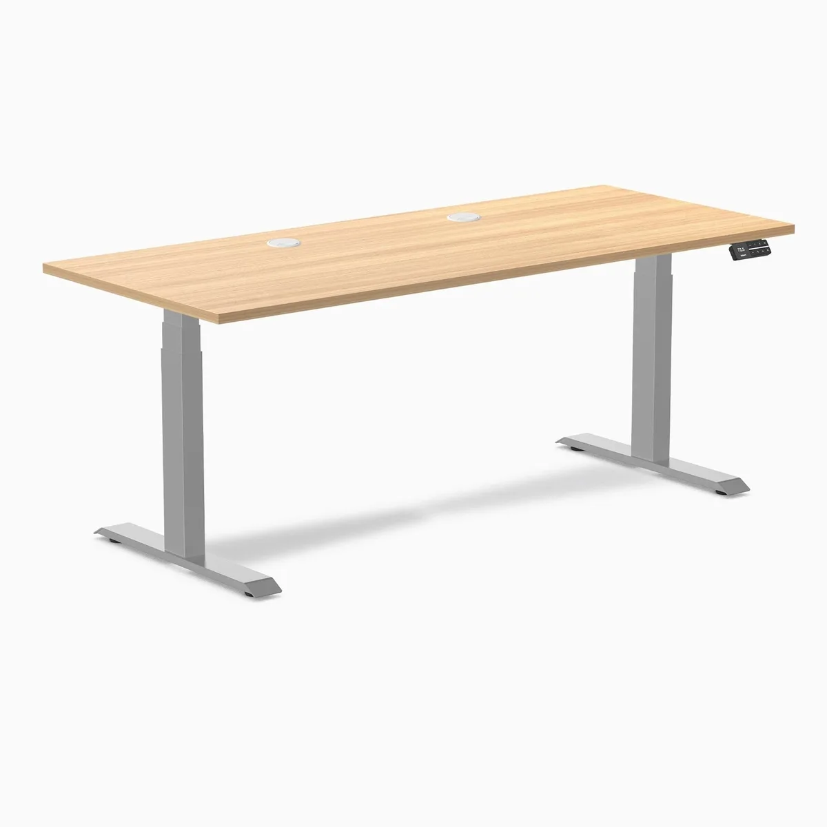 Desky Desky Dual Scalloped Laminate Sit Stand Desk Sublime Teak Grey 70.9 x 29.5 in with Grommets — product photo