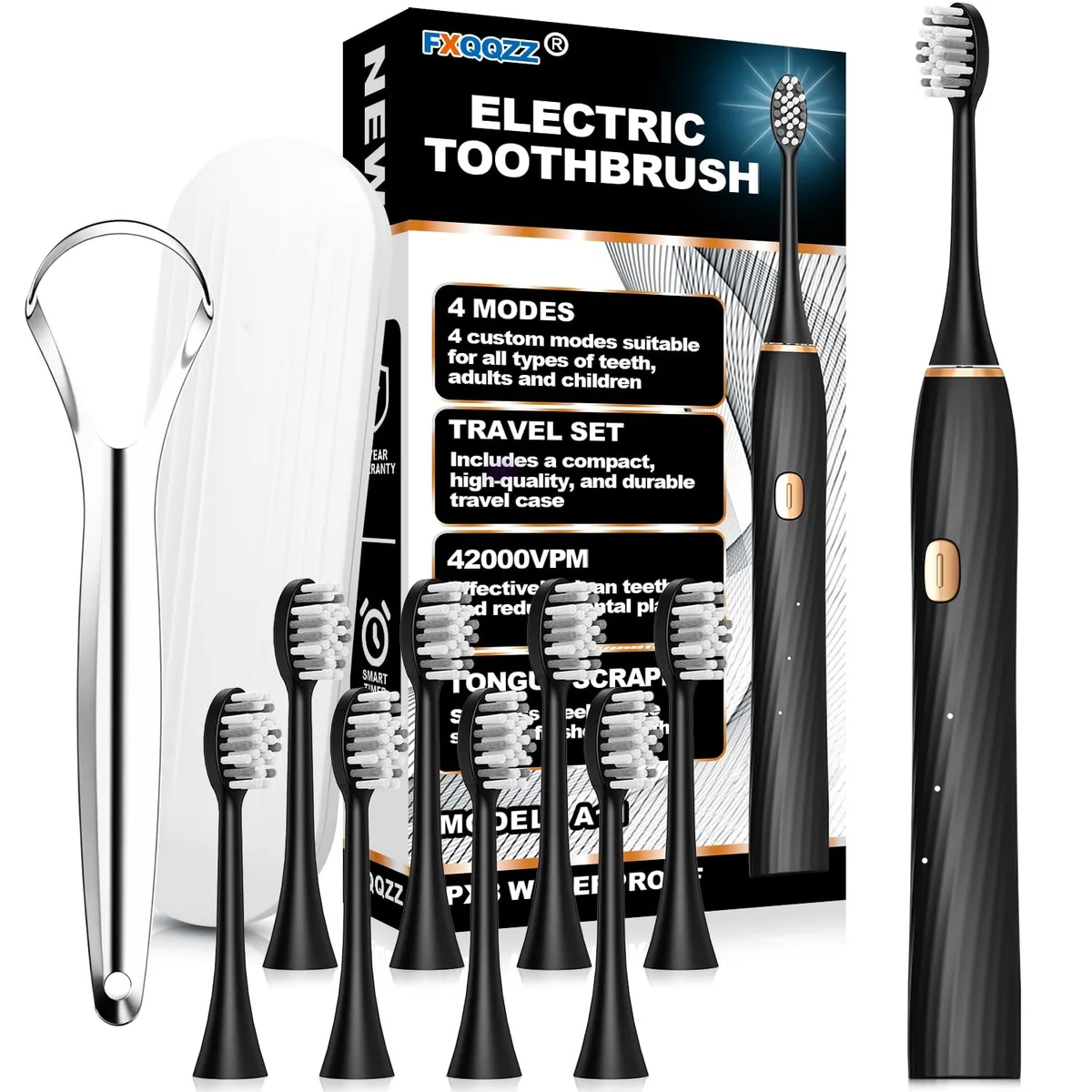 Black electric toothbrush with travel case and brush heads