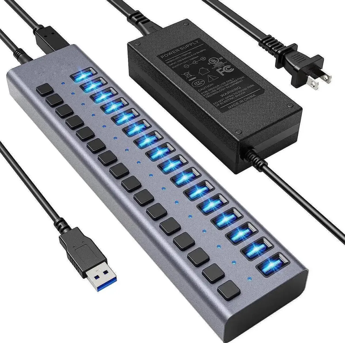 Rectangular black hub with sixteen USB-A ports, each with a switch and LED, plus power adapter