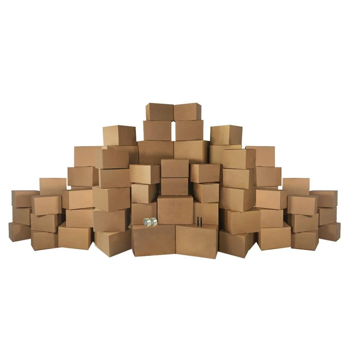 Stack of 67 corrugated cardboard moving boxes in four sizes with packing tape and markers