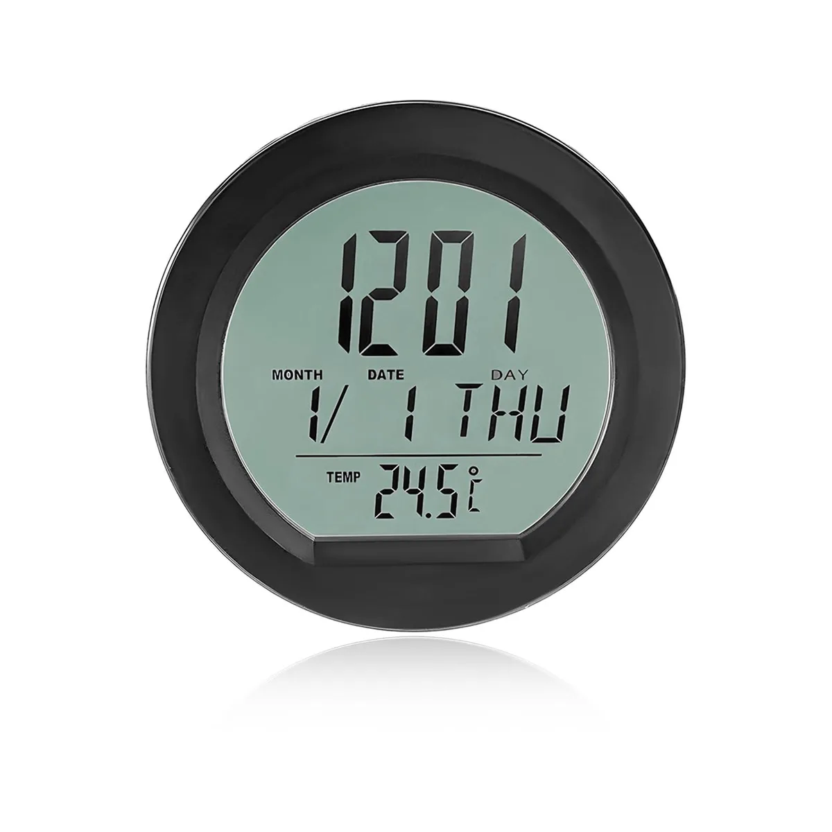 Small black rectangular dashboard clock with LCD screen and adhesive backing
