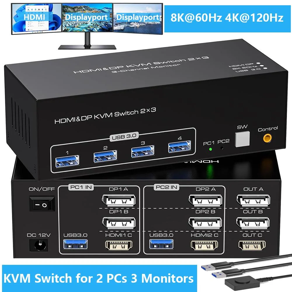 IHDAPP IHDAPP HDMI + 2 DisplayPort KVM Switch 8K@60Hz 4K@120Hz 3 Monitors 2 Computers 4 USB 3.0 — product photo