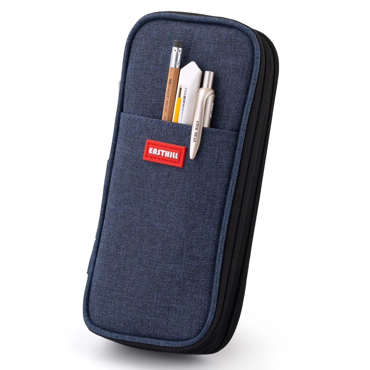 Deep blue polyester pencil case, 13 inches, expandable zipper design, holds 100-plus pens