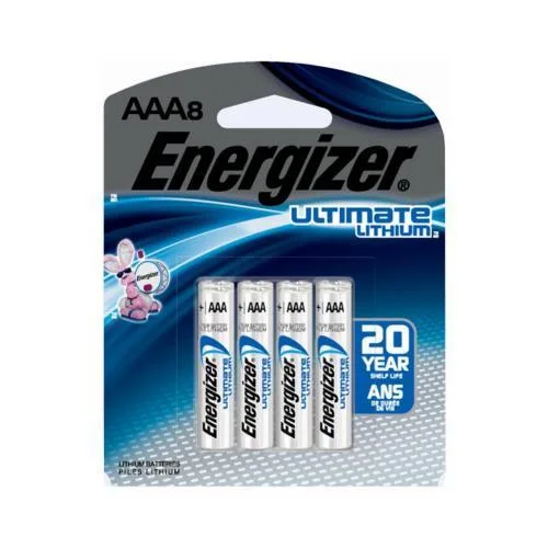 Cardboard blister pack holding eight silver AAA lithium batteries