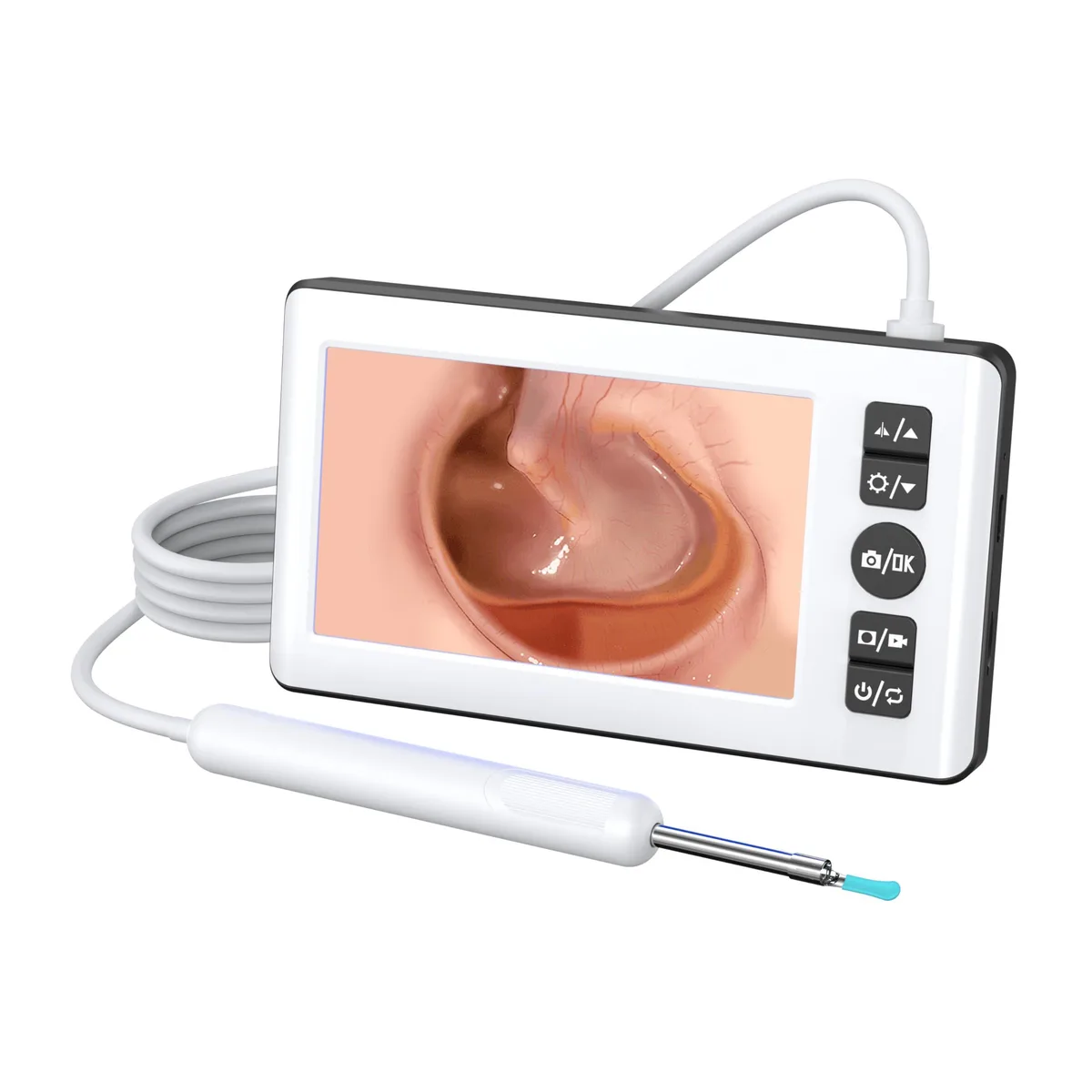 White and black standalone ear cleaner with 4.3 inch IPS screen and camera
