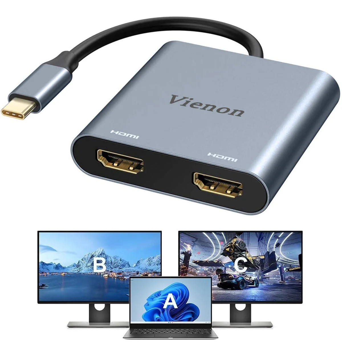 KEHIPI KEHIPI USB C to Dual HDMI Adapter 4K 60Hz Dark Grey — product photo