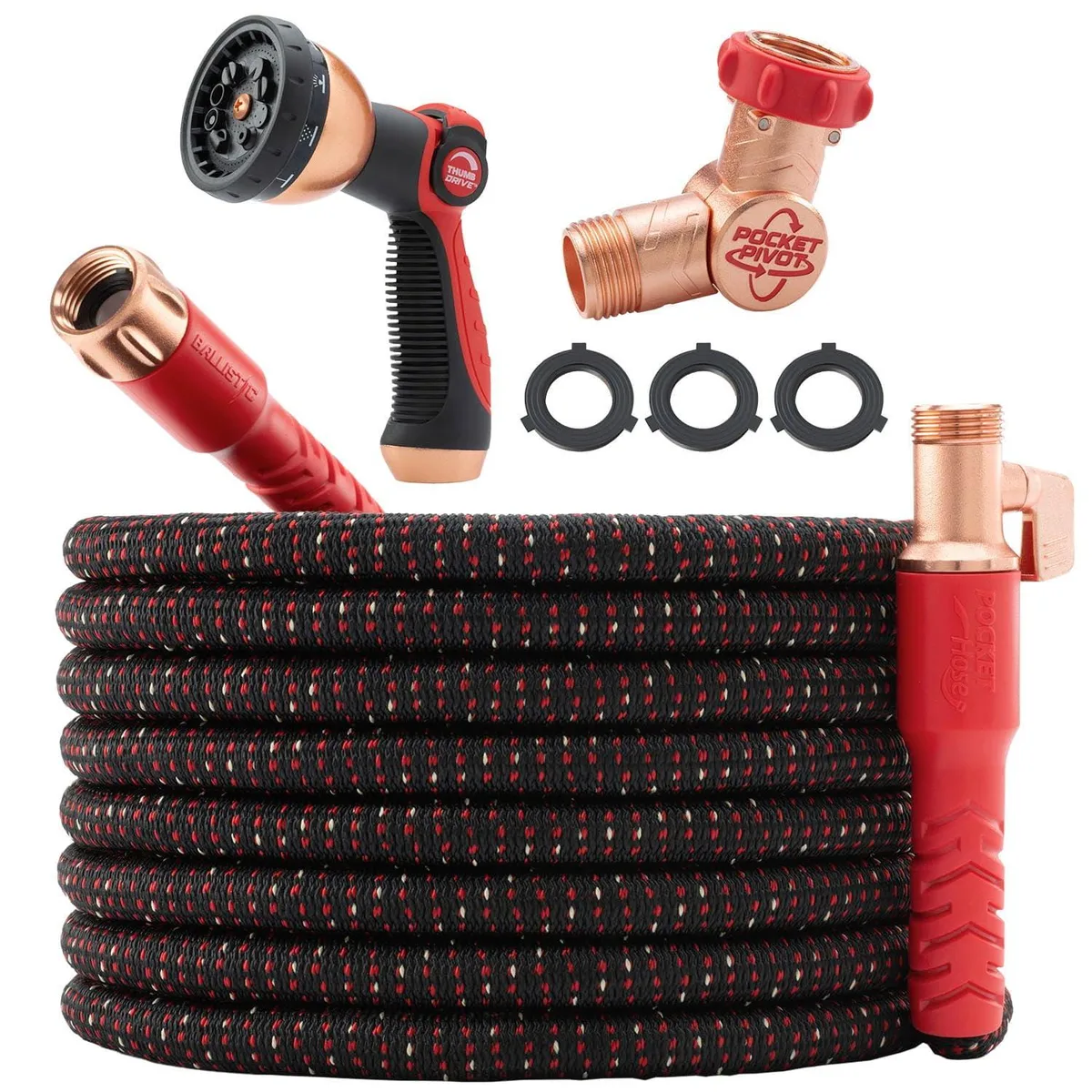 Yellow expandable garden hose, 100 ft, with 360° swivel connector