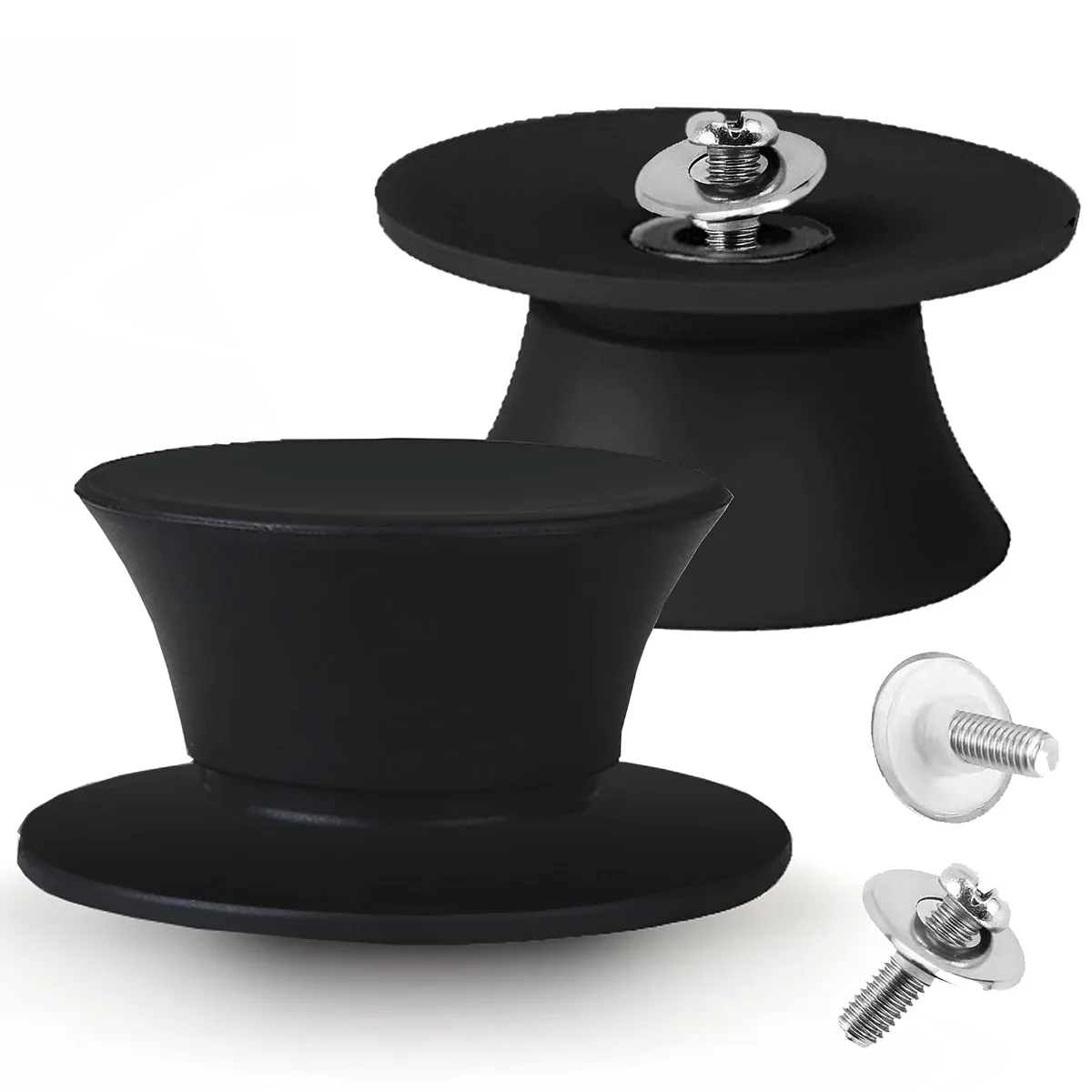 Two black silicone pot lid knobs, round with flat tops, .2 inch screw diameter