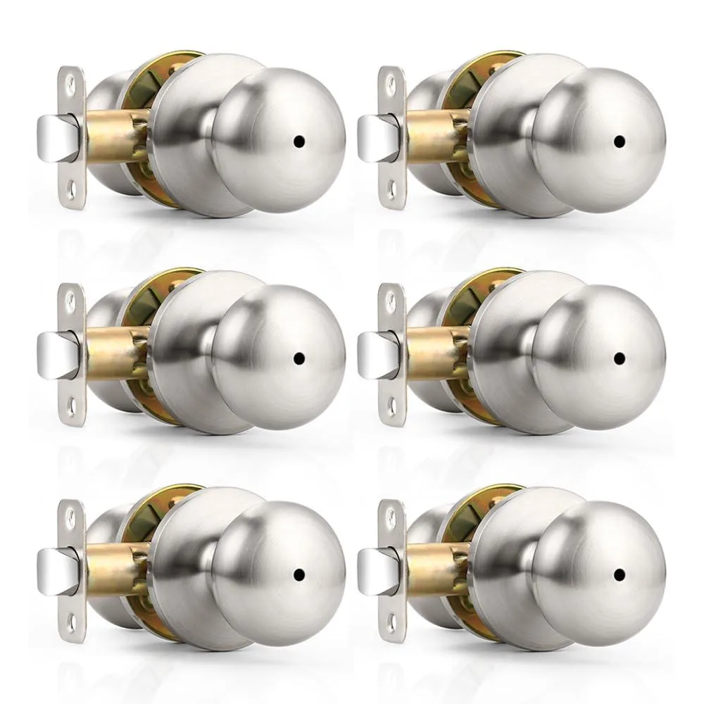 Six brushed nickel privacy door knobs with round roses