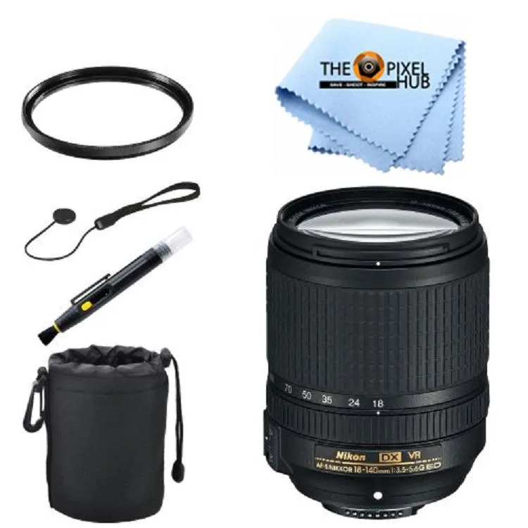 Nikon Global Nikon AF-S DX NIKKOR 18-140mm f/3.5-5.6G ED VR camera lens with UV filter bundle — product photo