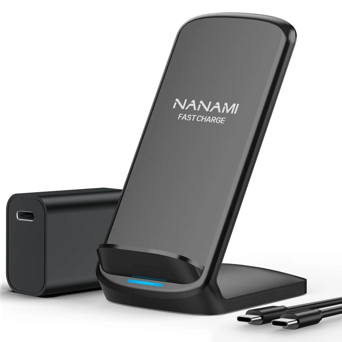 White upright wireless charging stand with included 20W USB-C power adapter and 3.3ft cable
