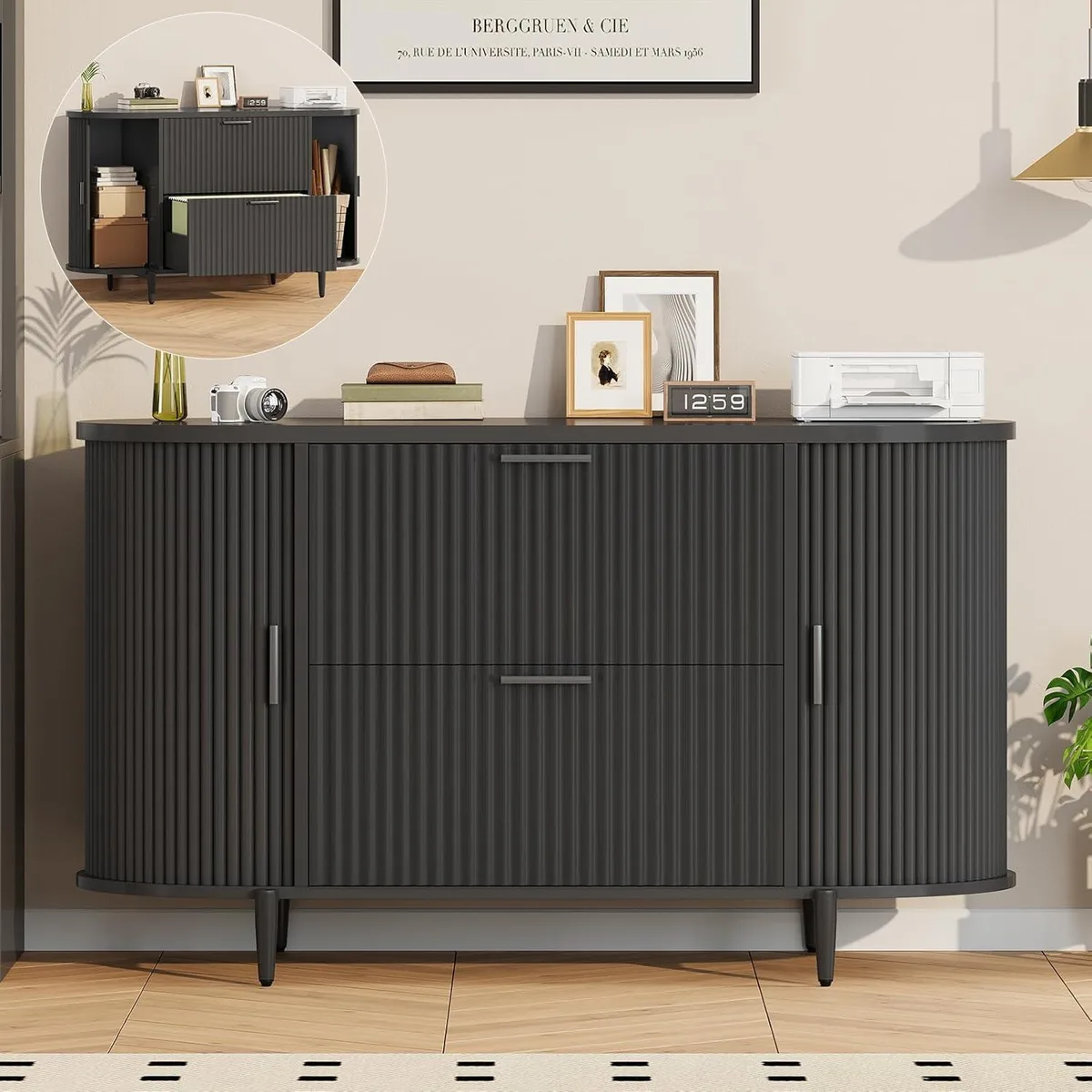 BFKK BFKK 2-Drawer File Cabinet 39.4" Fluted Sliding Doors Black — product photo