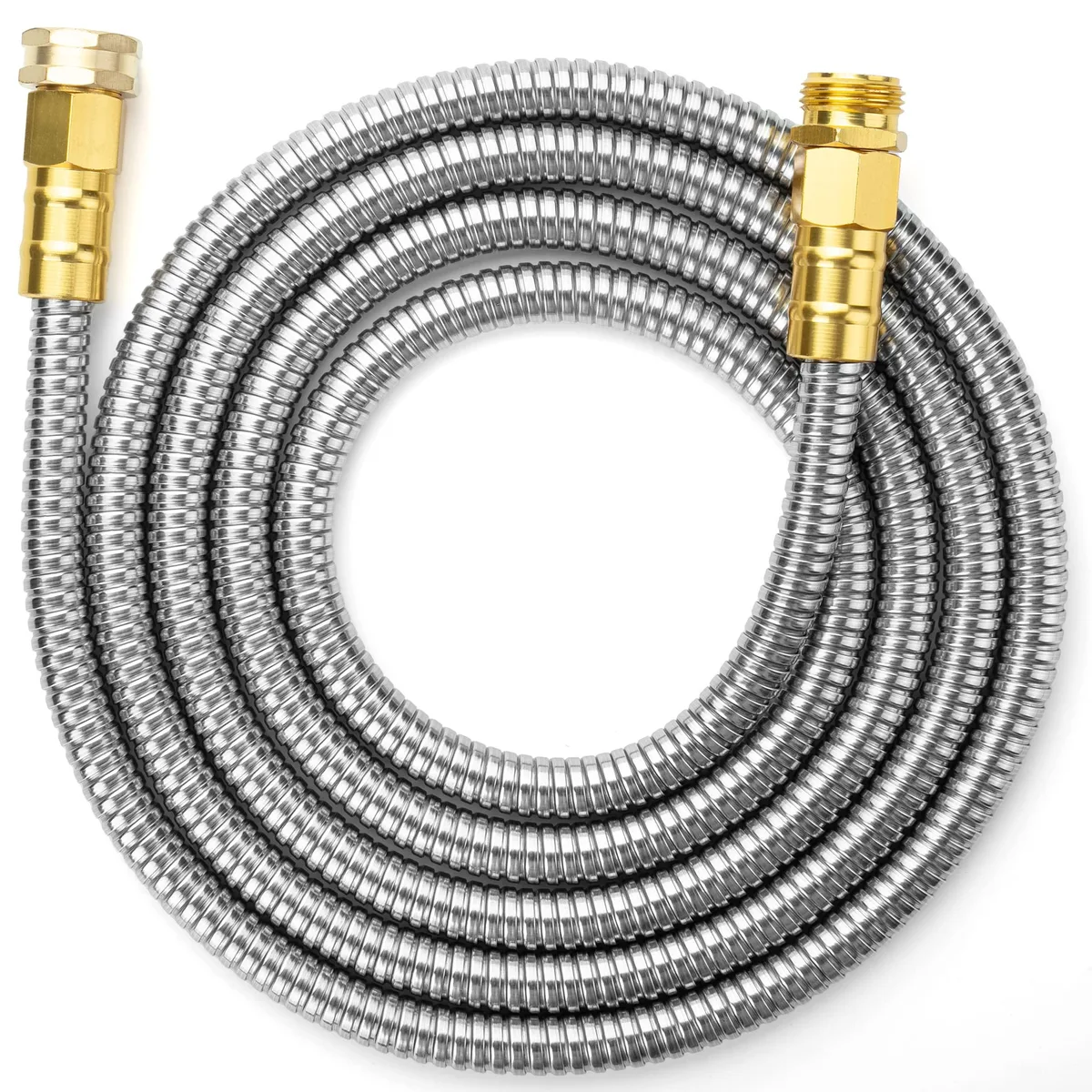 Twelve yellow stainless steel garden hoses coiled together 10 ft each