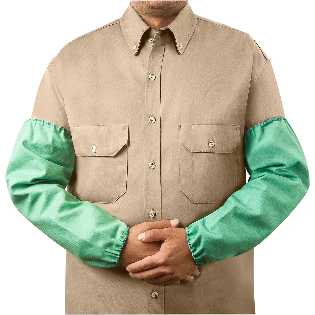 Green cotton flame-resistant sleeve, 18 in length, elastic cuffs, sold as a pair