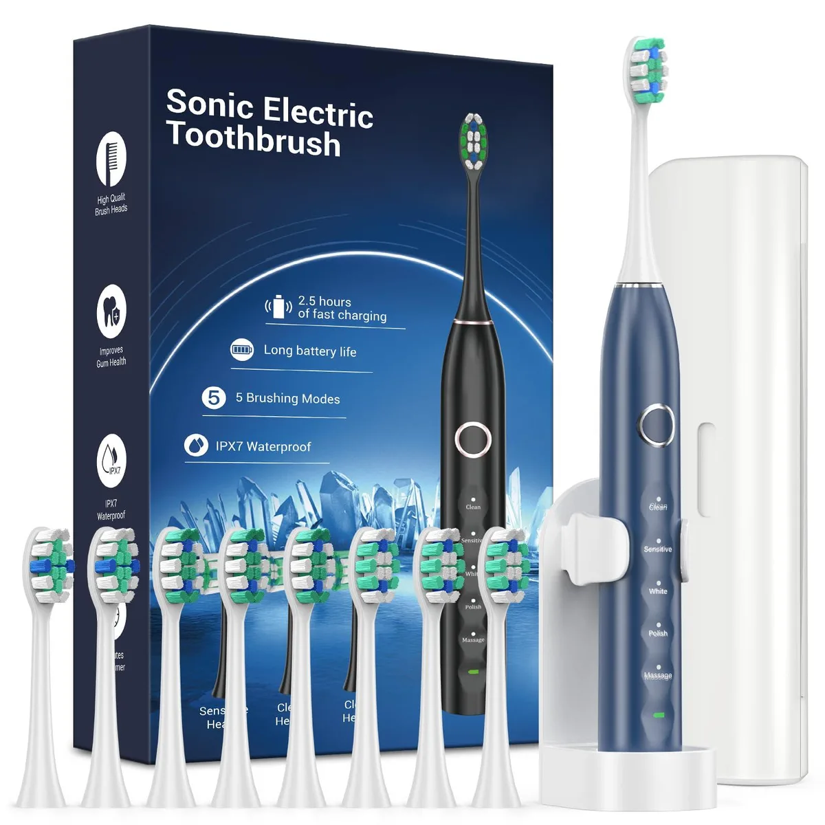 Blue sonic electric toothbrush with travel case and eight brush heads