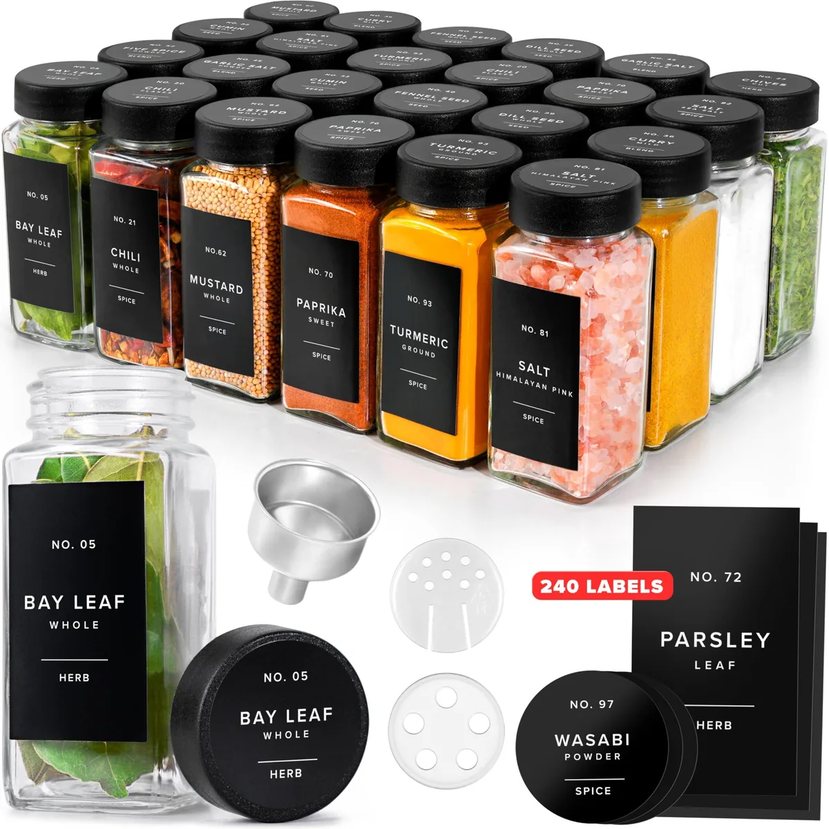 Twenty-four square glass jars with black lids, shaker inserts, funnel and labels on two-tier rack