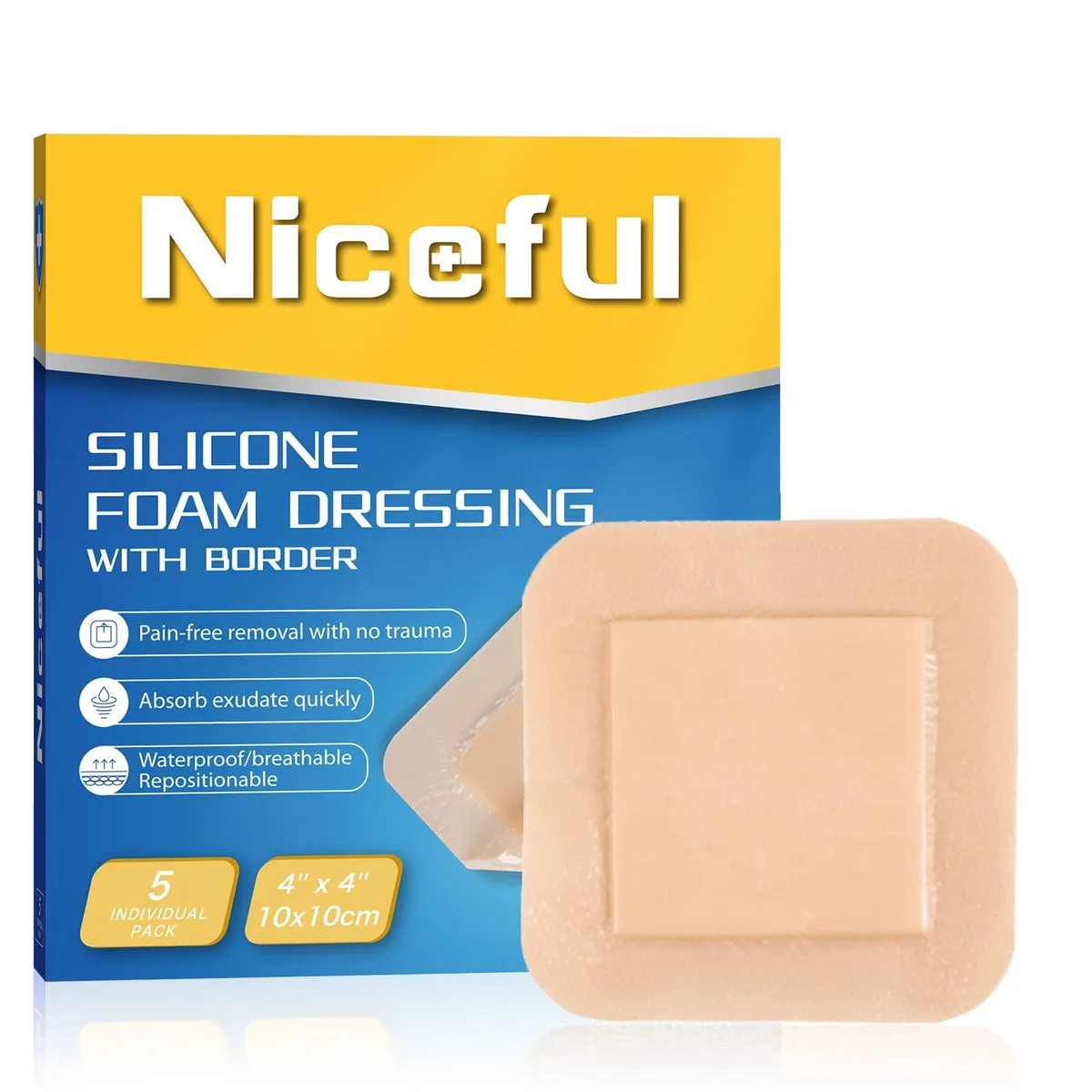 Skin-coloured 4x4 inch silicone foam dressing with border adhesive, 2.5x2.5 inch pad, five-count pack