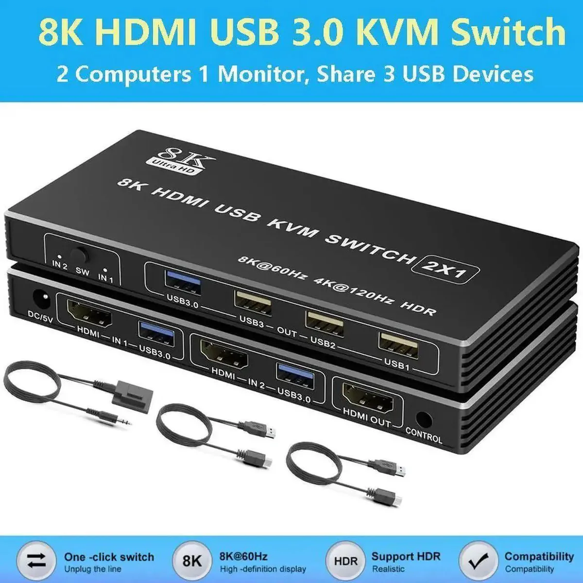 Vszerda Vszerda 2-Port HDMI 2.1 KVM Switch 8K@60Hz 4K@120Hz USB 3.0 — product photo