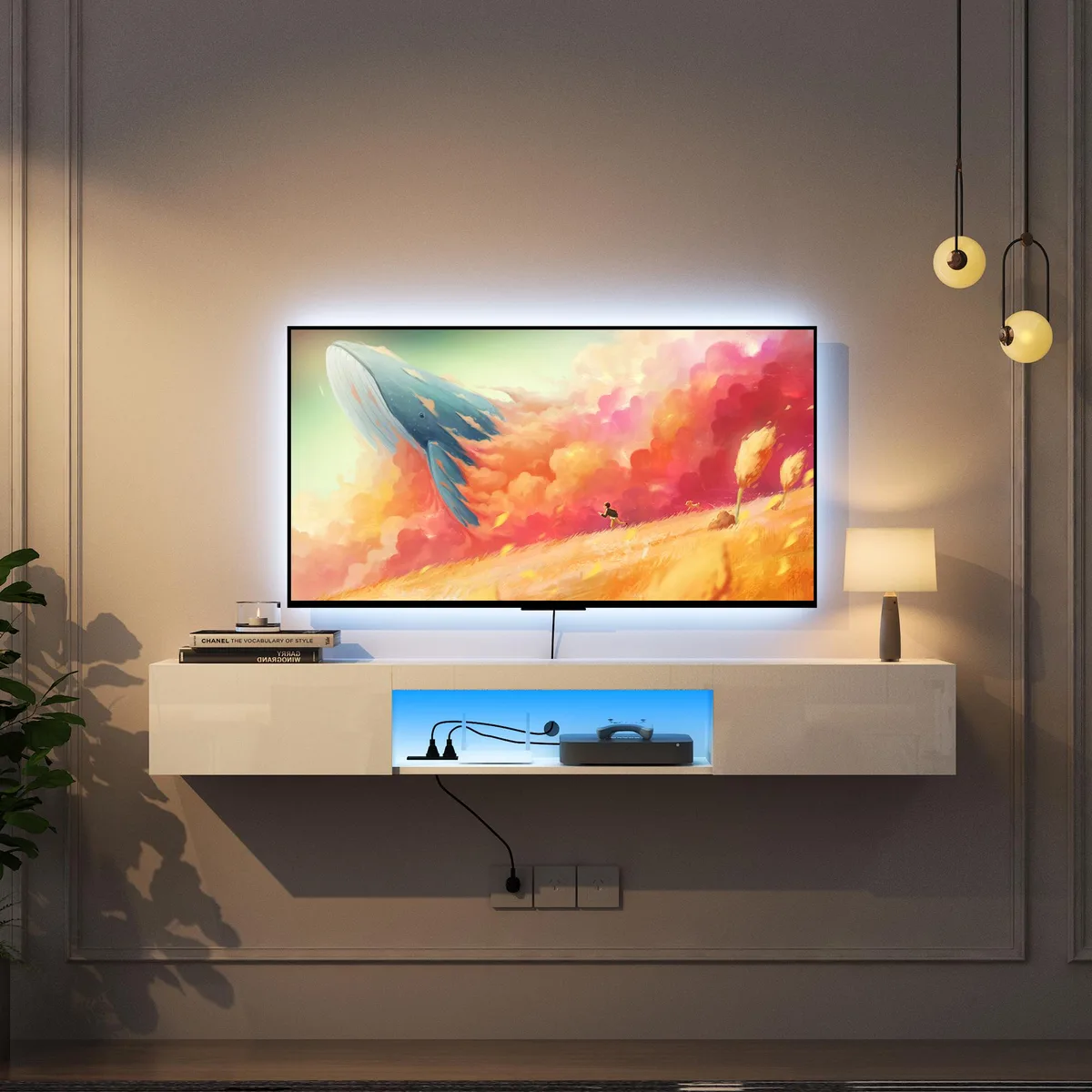 tuphen tuphen Floating TV Stand 63" 16-Color LED White Home Entertainment — product photo