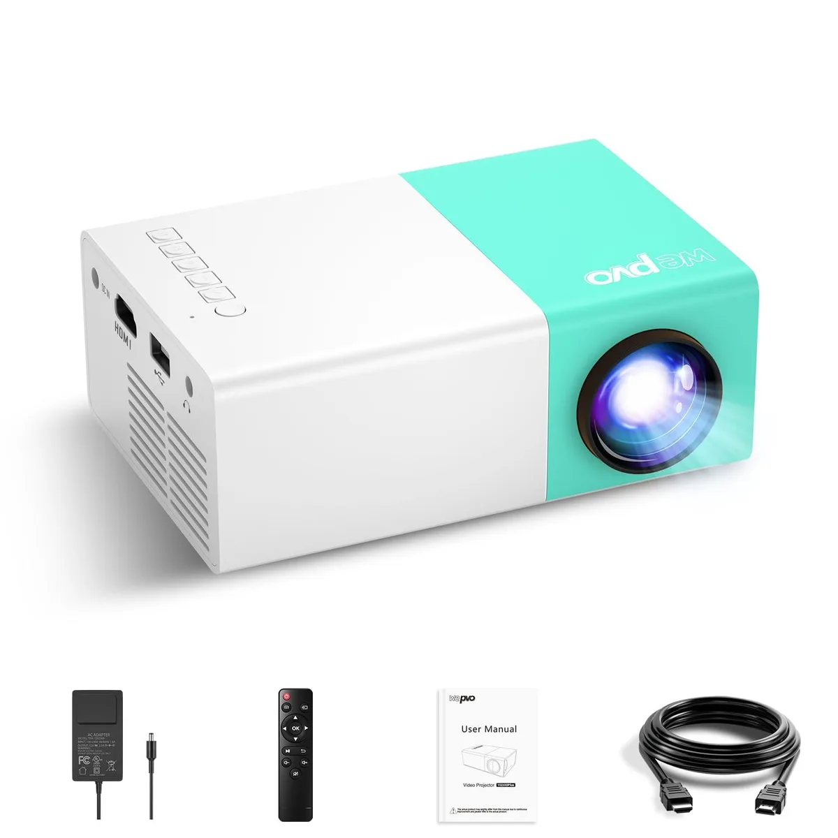 Mint green portable LCD projector, compact rectangular shape with smooth matte finish