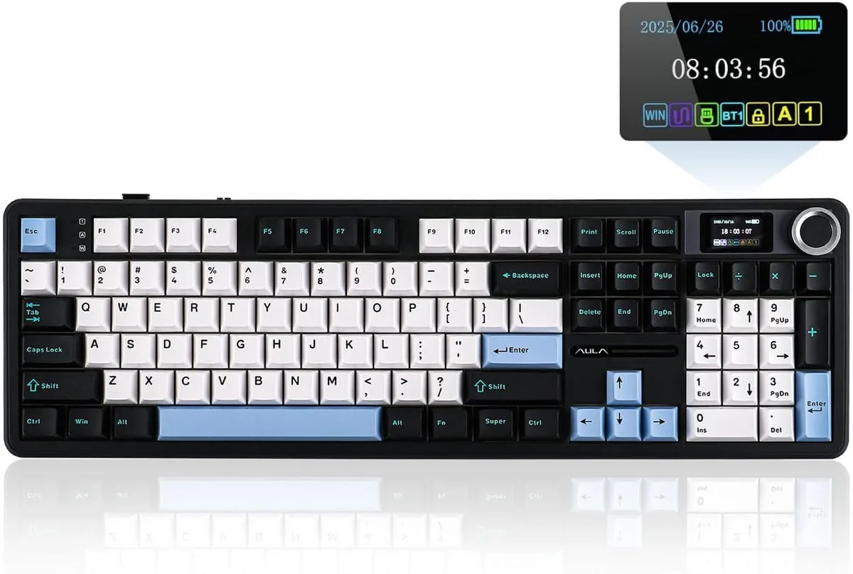 TUKO TUKO F108 PRO gaming keyboard 104 keys 1.14" screen 8000mAh Blue&amp;White&amp;Black — product photo