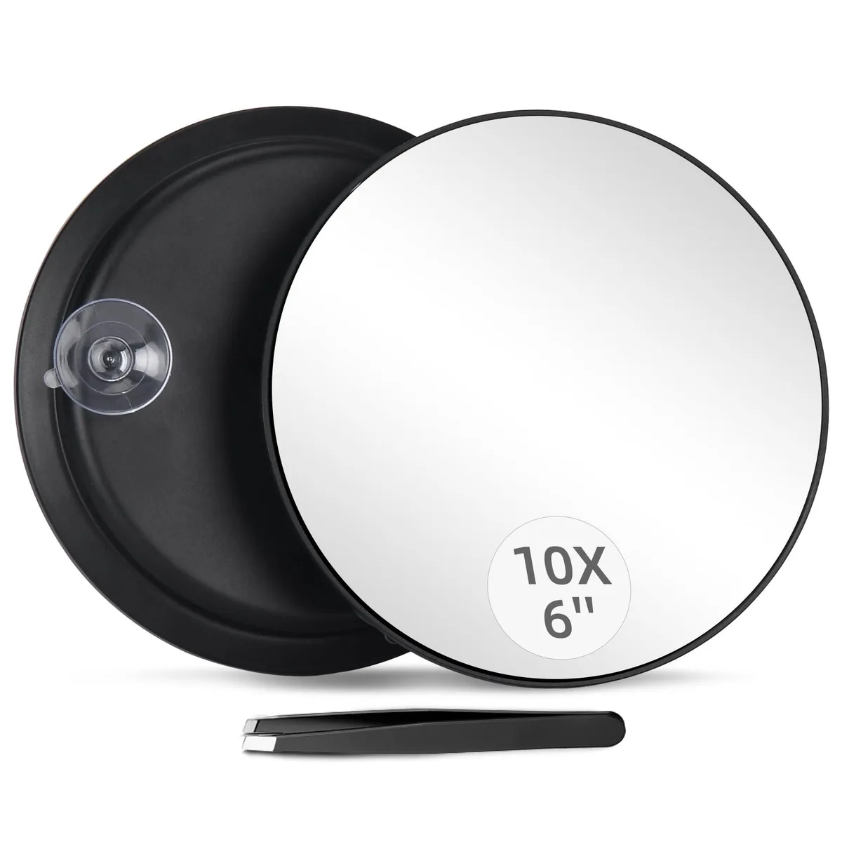 Round 6 inch black magnifying mirror with three suction cups and tweezers