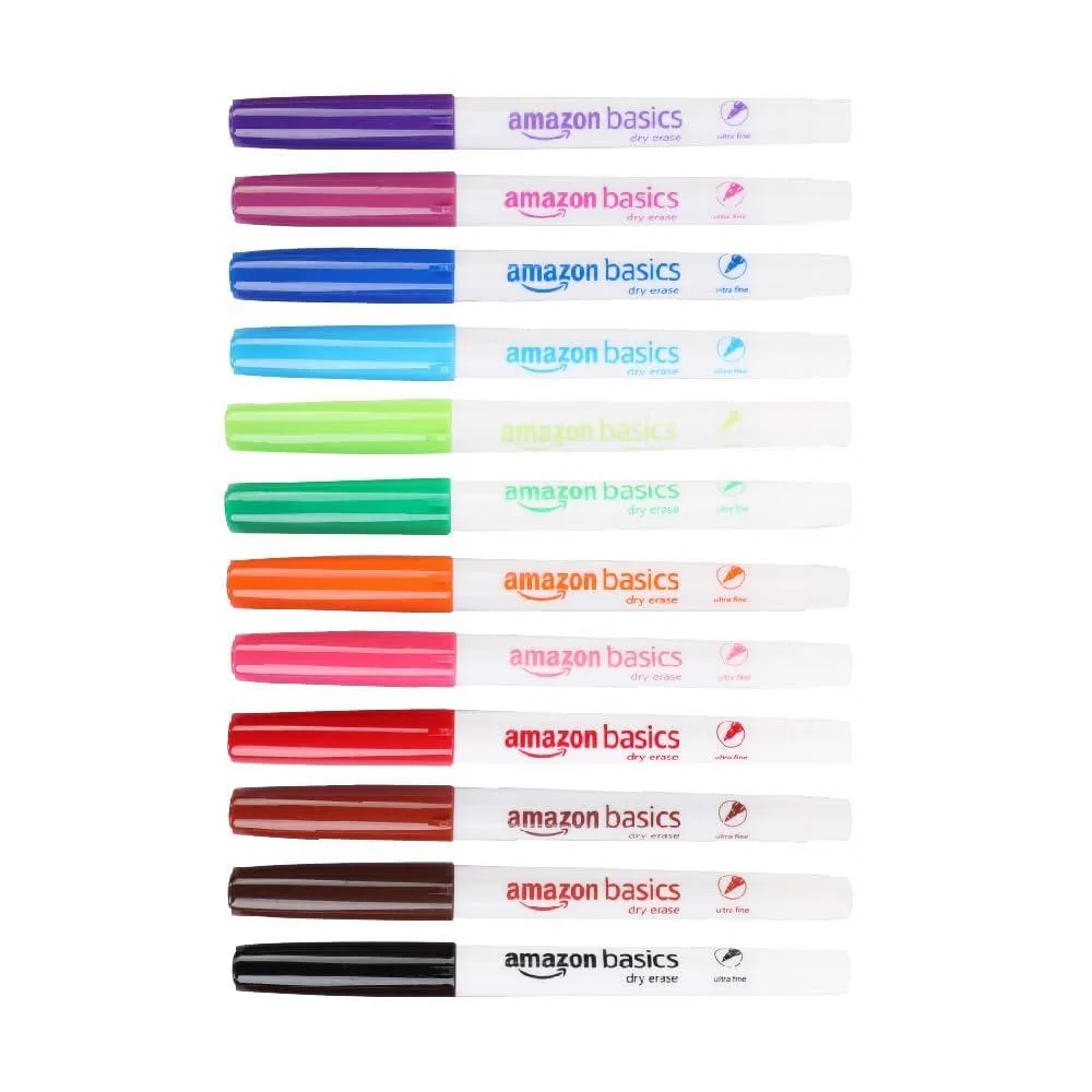 Box of twelve ultra-fine whiteboard markers in assorted colours, cylindrical plastic barrels