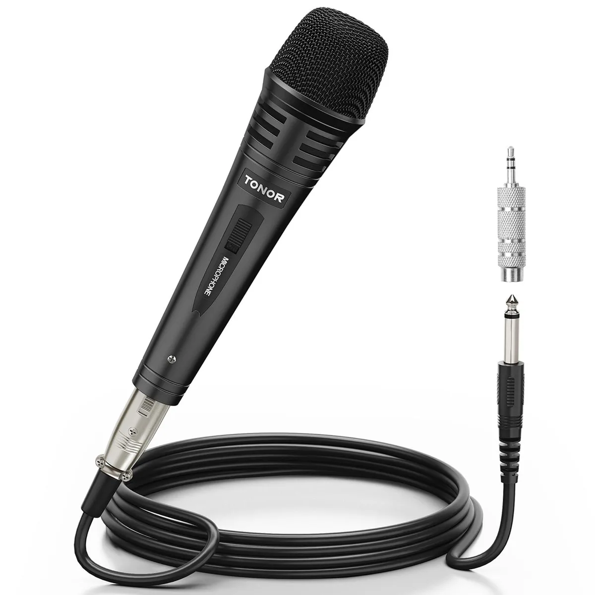 Black handheld dynamic microphone with 5m XLR to 6.35mm cable
