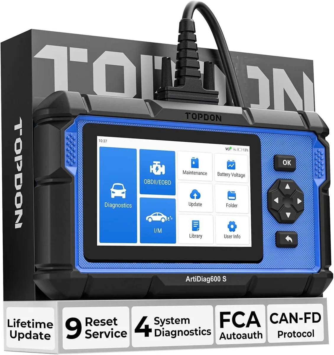 TAURKENAM AD600S OBD2 scanner, rectangular hand-held unit with colour touchscreen and OBD-II cable attached