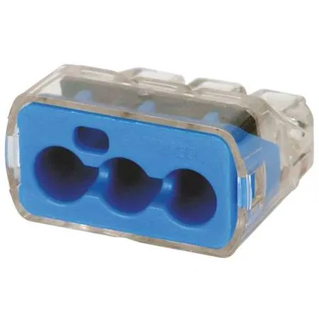 Blue push-in wire connector, three ports, polycarbonate housing, 0.78 in long