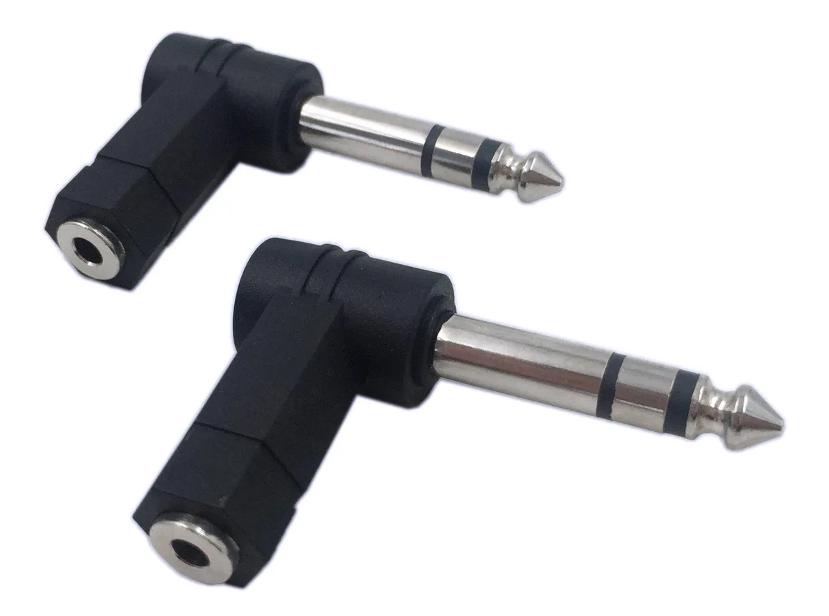 Black right-angle 6.35mm male to 3.5mm female audio adapter with nickel-plated connectors
