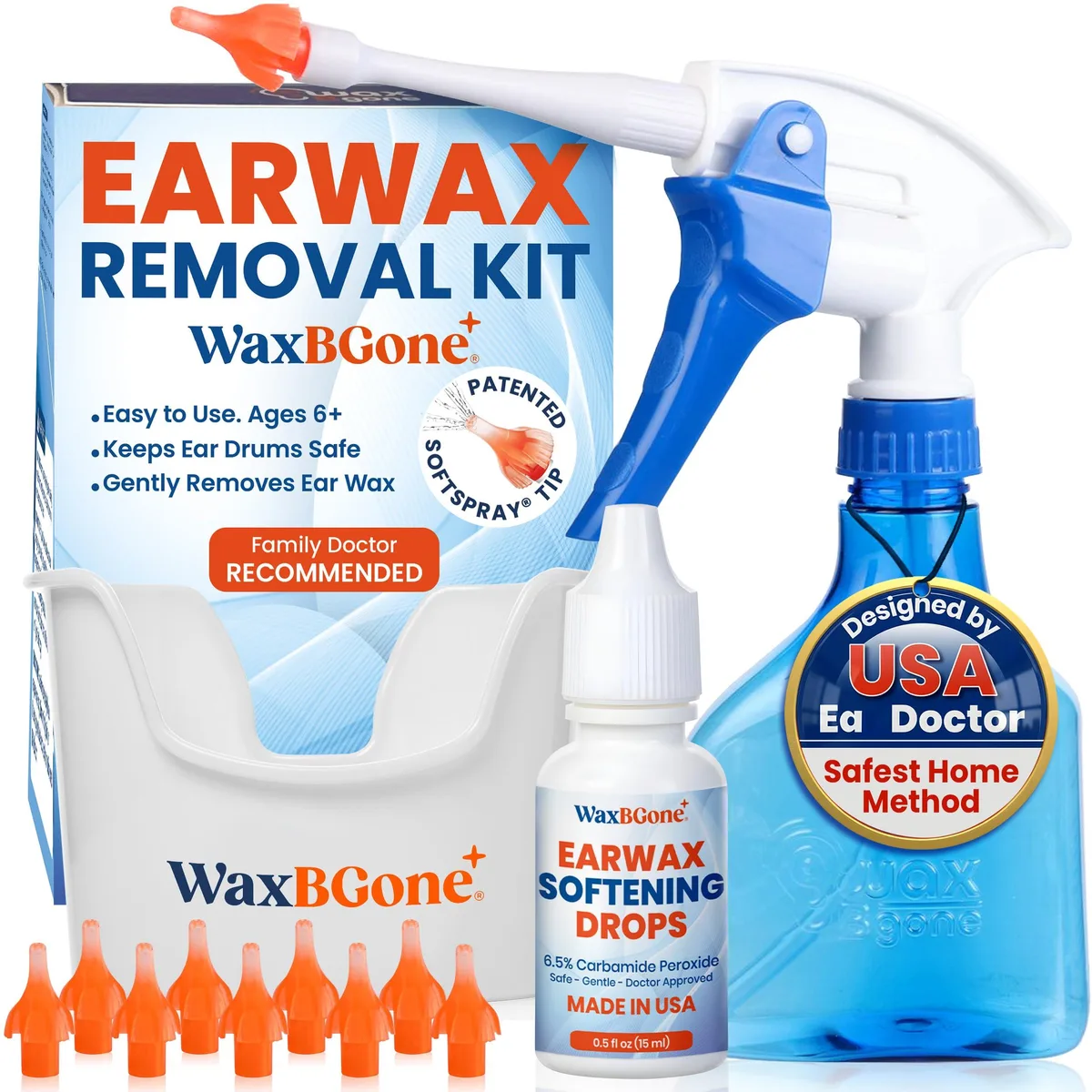 Ear wax removal kit with spray bottle, basin, drops and ten soft spray tips