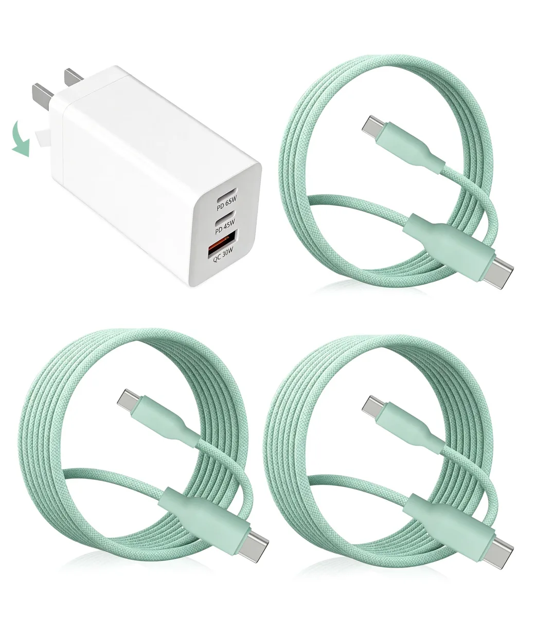 Compact green 65W charger with foldable US plug and three green USB-C cables