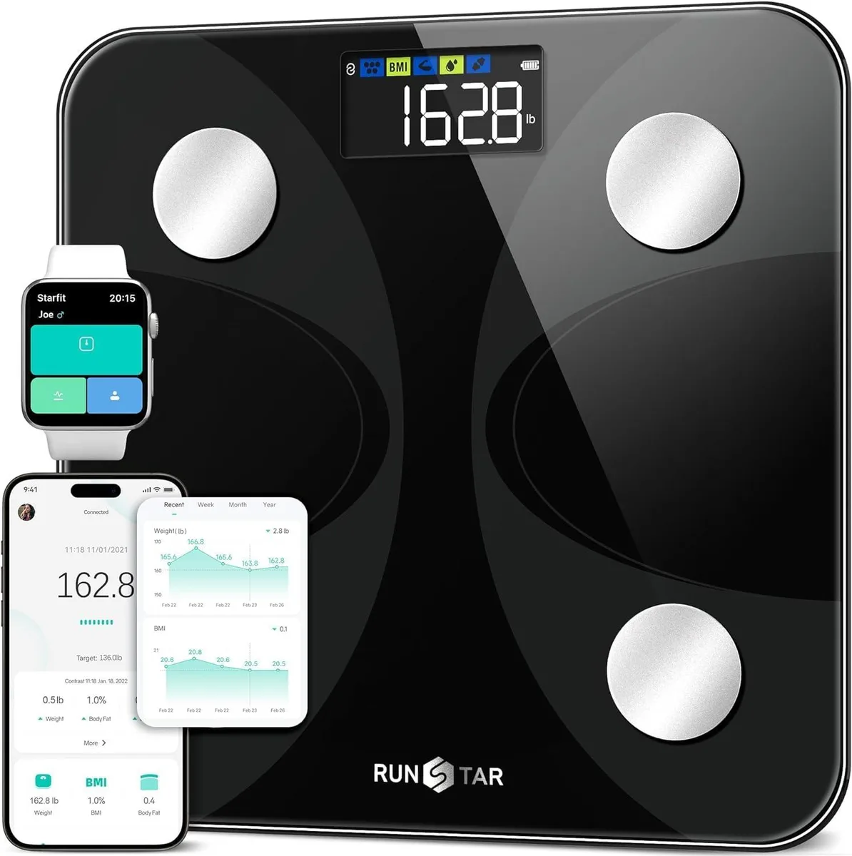 Square black mini scale with large LCD display and glass surface