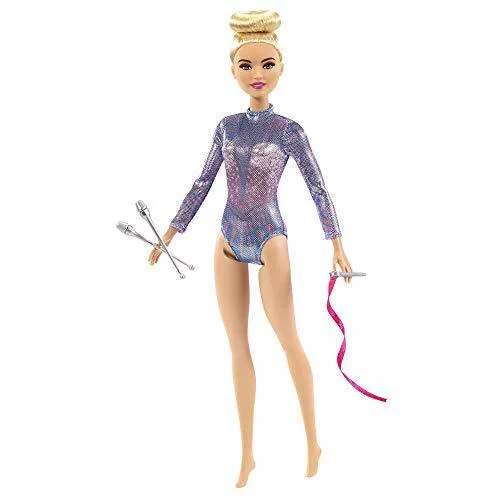 Barbie rhythmic gymnast doll 12 inches tall in metallic leotard with clubs and ribbon