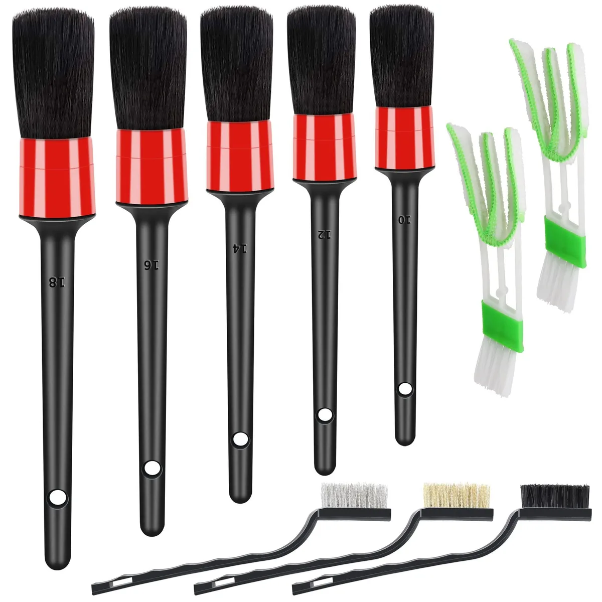 Red ten-piece car detailing brush set with boar hair, wire and vent brushes, plastic handles