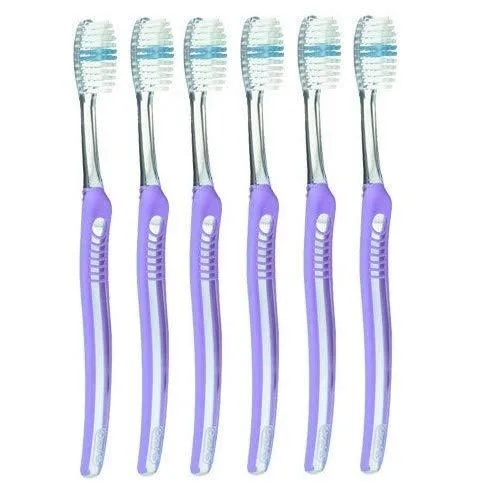 Six white soft-bristle manual toothbrushes with blue indicator bristles in a pack