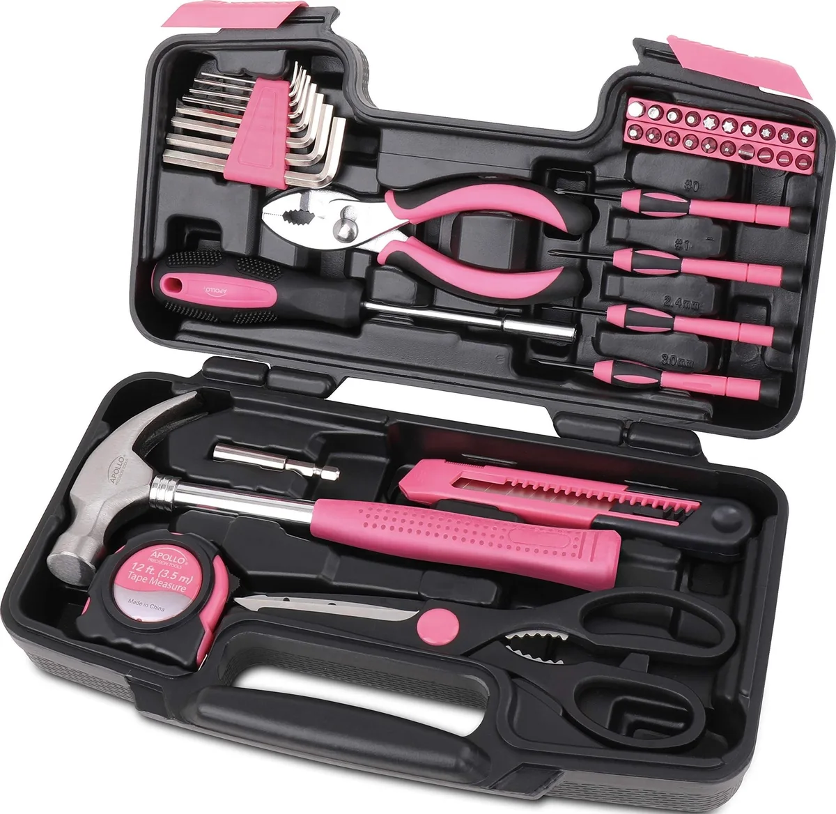 Pink plastic toolbox case holding 39-piece household tool set