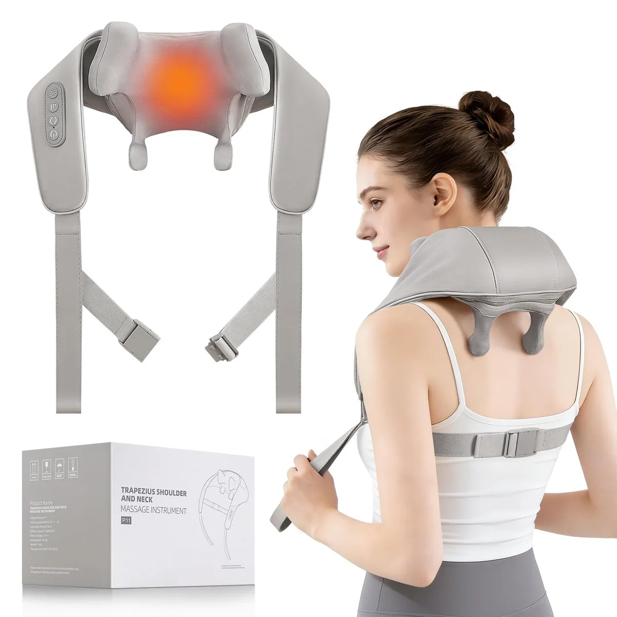 Gray cordless neck massager with adjustable strap, leather finish, wearable U shape