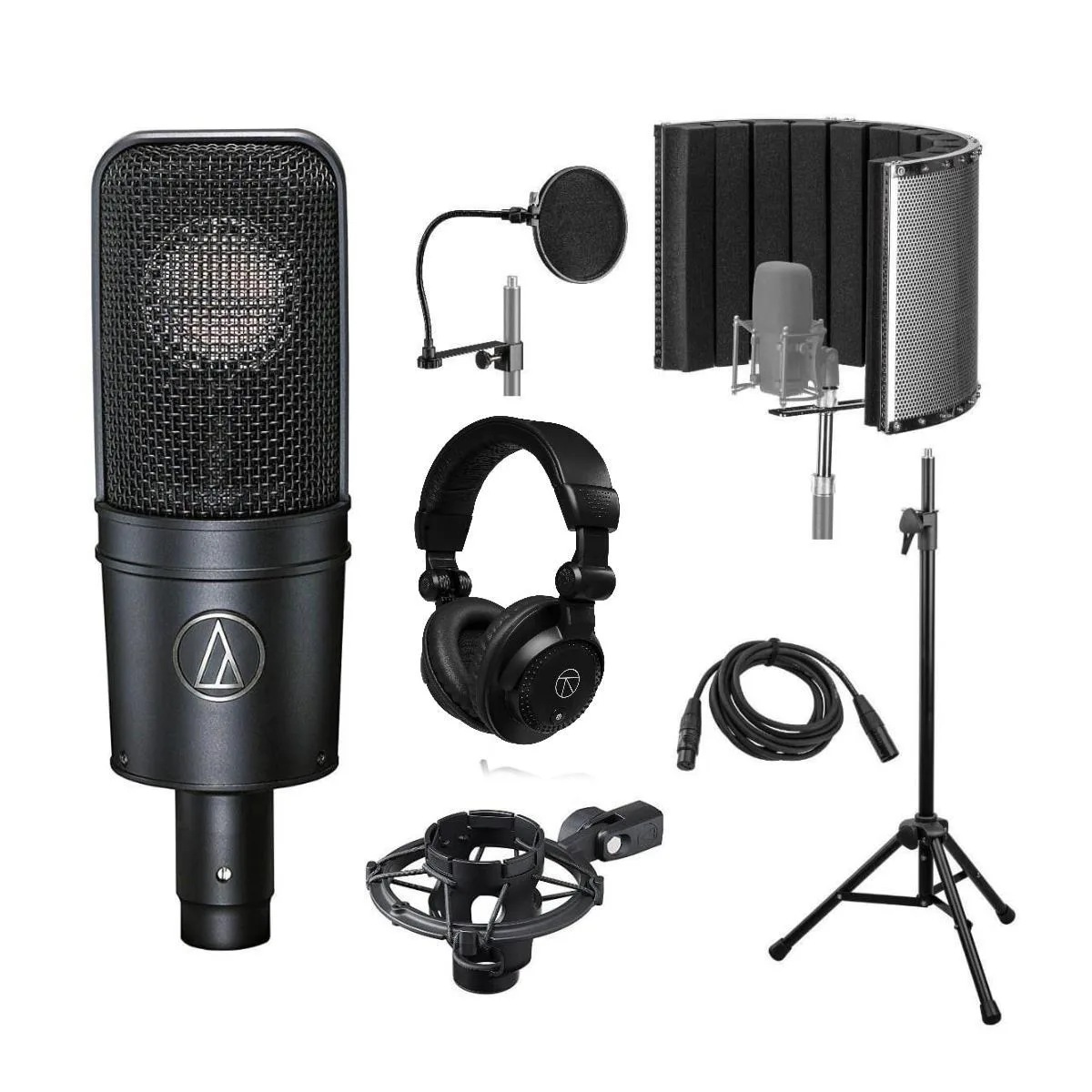 Silver side-address condenser mic on tripod stand with reflection filter, pop filter, headphones and 10' XLR cable