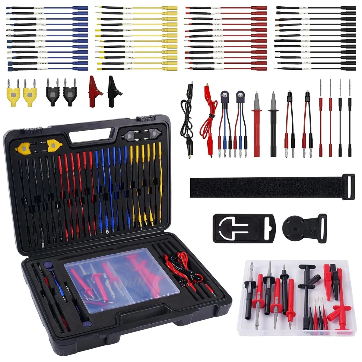 Black carrying case with hanging loop strap and magnetic hanger, open showing multimeter test leads, probes, alligator clips