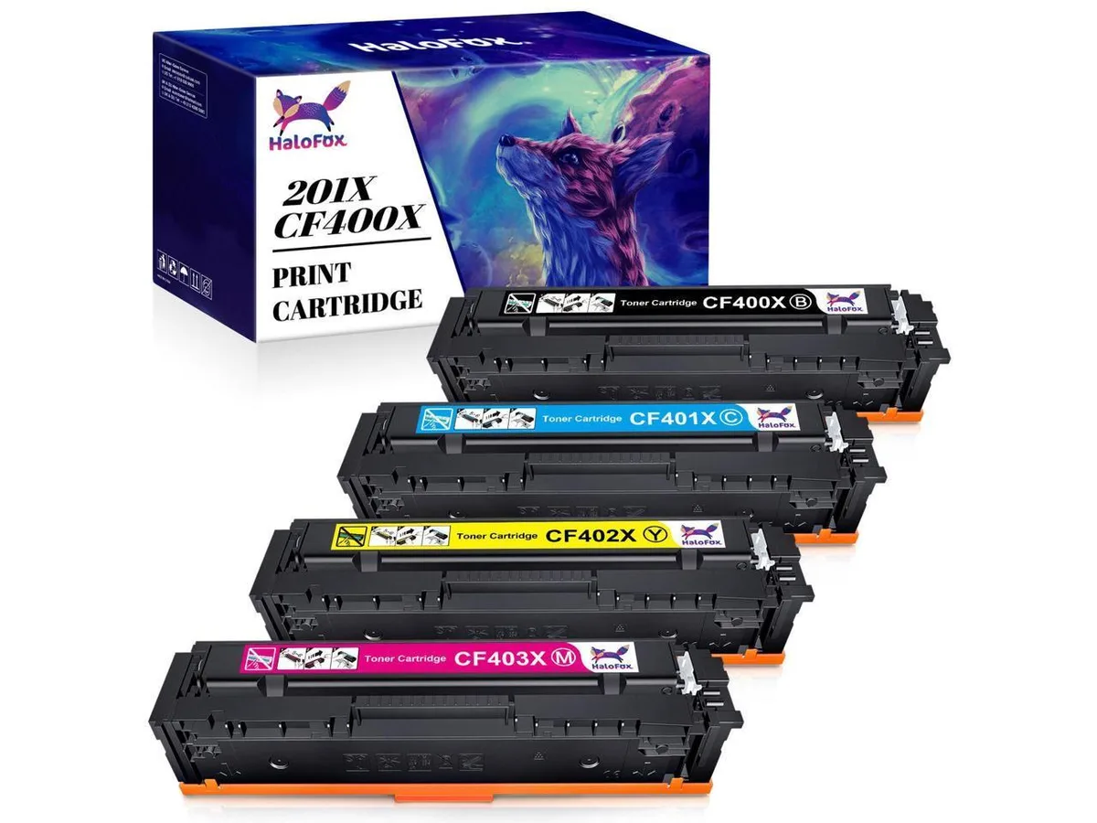 Four rectangular toner cartridges in black cyan yellow magenta