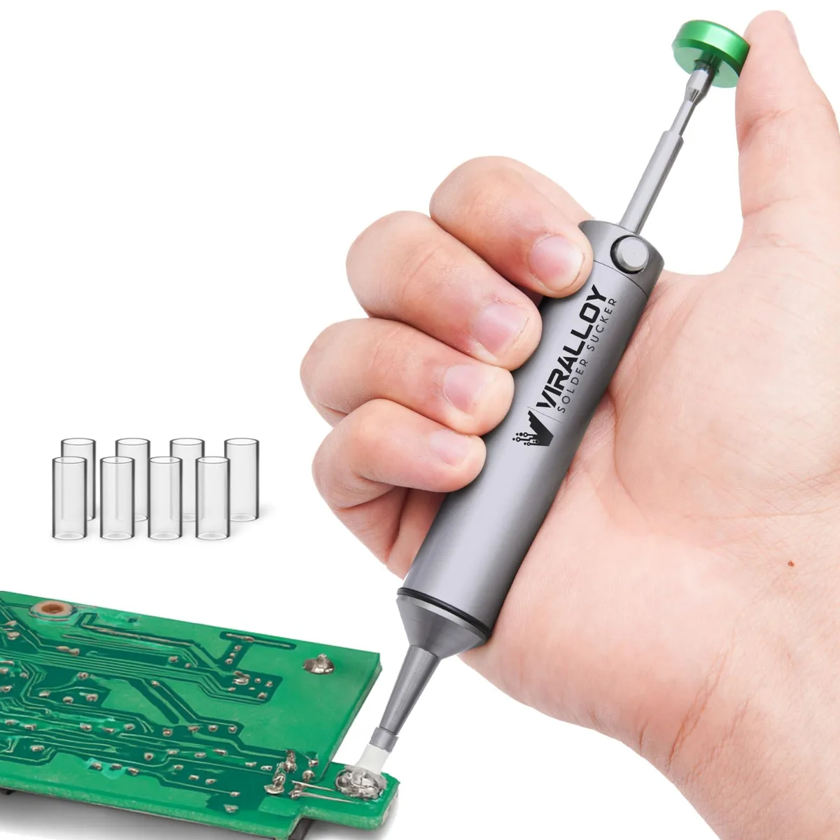 Manual desoldering pump with aluminium body and heat-resistant silicone tip