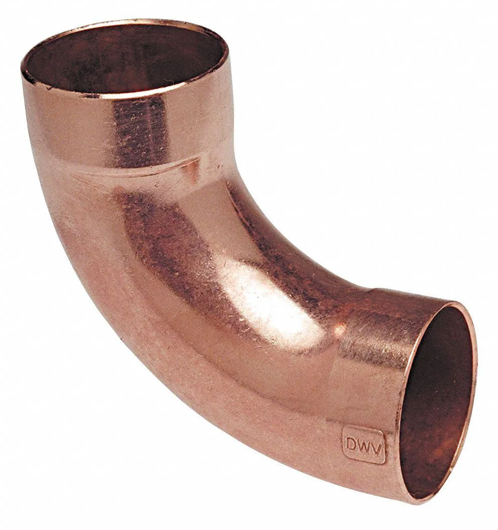 Copper 90-degree long radius elbow, 2-inch sweat fitting, shiny metallic finish