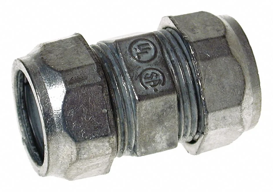 Gray zinc alloy EMT compression coupling, straight cylindrical form with plain finish