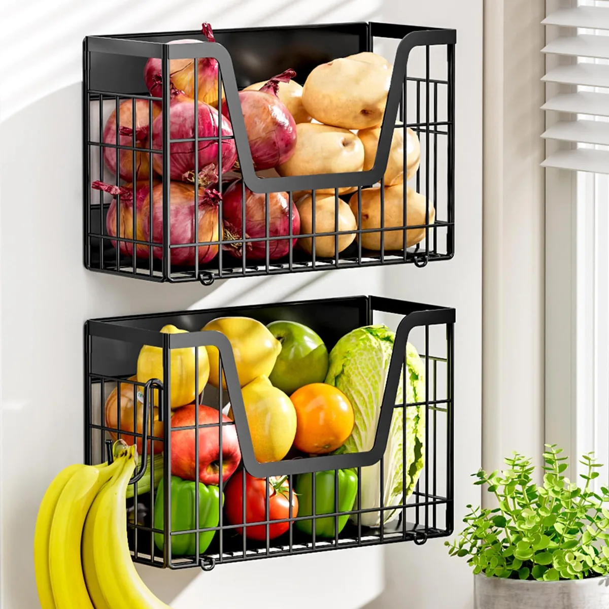 Two red magnetic storage baskets, round hollow design, two-tier set, 34 inches total