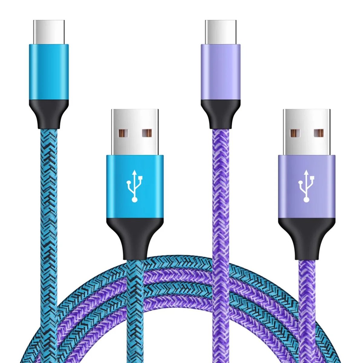 Blue and purple braided USB Type C cable, 3FT long, male-to-female connectors